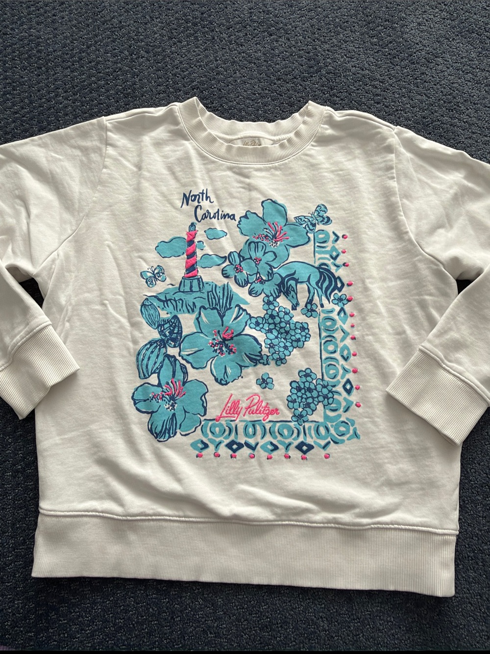 Lilly Pulitzer White Sweatshirt with Teal & Pink Floral North Carolina Graphic